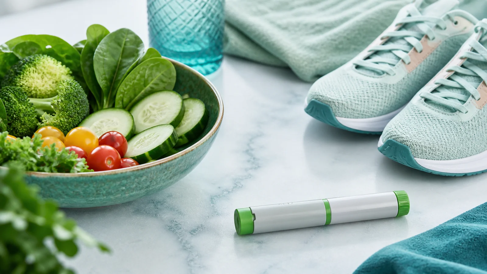 Trainers and fresh vegetables beside a capped pen: the medicine is one part, your habits hold the result.