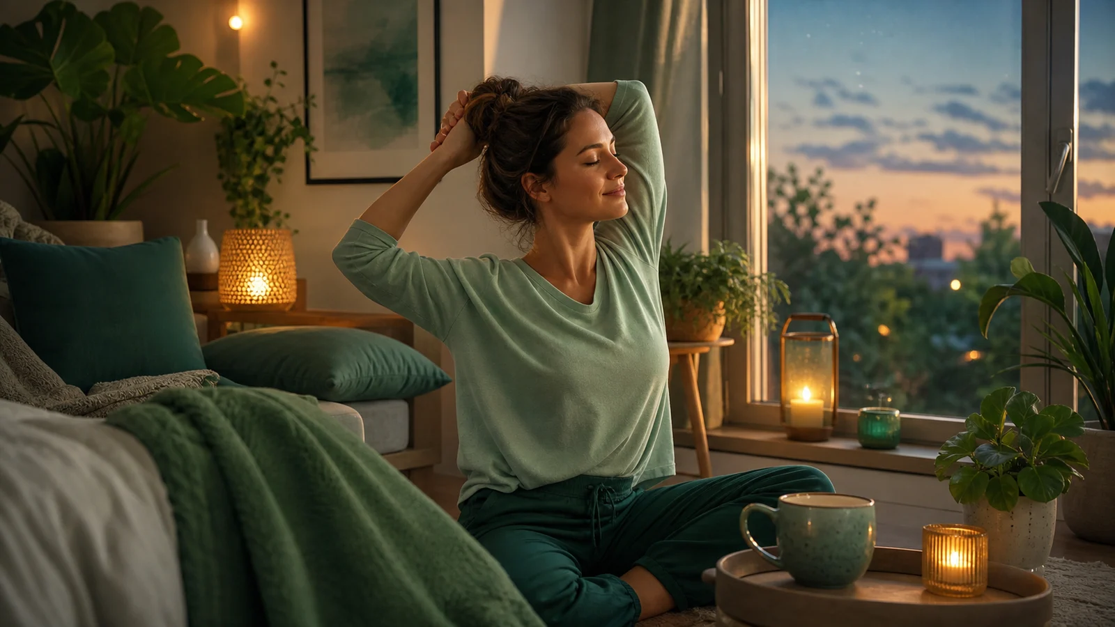 A calm evening wind-down by warm light: the habits that fix sleep over the long run.